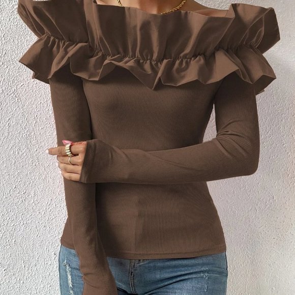 Coffee Brown Preppy Womens off shoulder blouse top - Picture 4 of 5